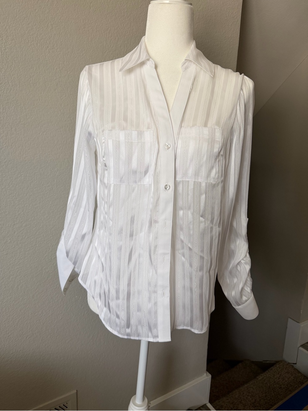 White House Black Market White Sheer Stripe Button-Up Blouse